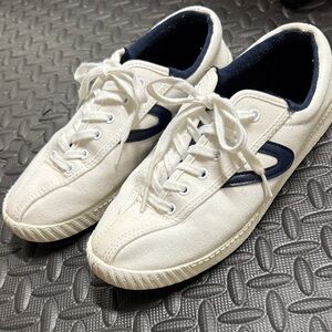 Tretorn White and Navy Canvas Sneakers